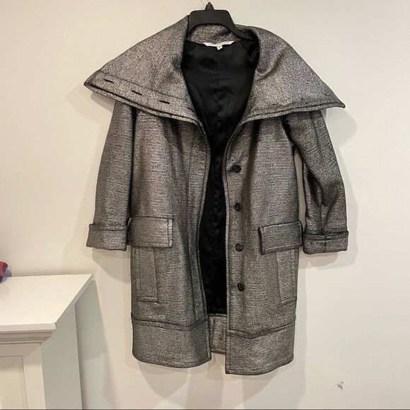 Diane von Furstenberg Silver Glitter Peacoat Front pockets Wool - Picture 2 of 11